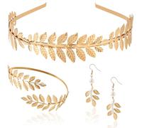 IHLOOTD Déesse Grecque Costume Accessoires, Couronne de Laurier Dorée, Couronne Laurier, Manchettes Feuilles et Boucles d’Oreilles, Déesse Grecque Bijoux pour Mariage, Soirée, Carnaval