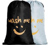 IHOMAGIC Lot de 2 Sac à Linge Large Sacoche à Linge Pliable Sac de Rangement avec Corde Léger Sac Visage Souriant doré pour Vêtement Sale 120L dans Chamber Hôtel Dortoir, Voyage, Noir/Argent