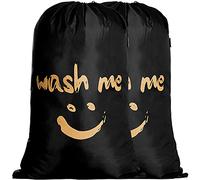 IHOMAGIC Lot de 2 Sac à Linge Large Sacoche à Linge Pliable Sac de Rangement avec Corde Léger Sac Visage Souriant doré pour Vêtement Sale 120L dans Chamber Hôtel Dortoir, Voyage, Noir