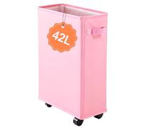IHOMAGIC Panier a Linge Roulette 42L, Bac Linge Sale étroit avec Maille Supérieure, Corbeille a Linge Pliable, Panier Rangement pour Couverture, Vêtements, Collations, Tapis de yoga, Rose