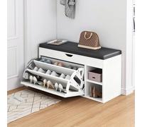 ihomemore Armoire à Chaussures pour Entrée avec Tabouret - Meuble de Rangement à Chaussures 2 Niveaux - Banc de Rangement pour Couloir, Entrée, Chambre Blanc