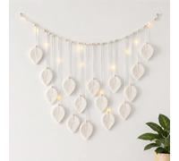 IHONYI Décoration bohème - Tenture murale en macramé blanc - Tapisserie chic - Guirlande à franges avec guirlande lumineuse LED de 3 m - Tissée à la main - Décoration murale bohème pour salon, balcon