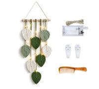 IHONYI Décoration murale bohème - Tenture murale en macramé - Guirlande avec LED 3M + peigne combiné avec des perles en bois et des feuilles vertes - Idéal pour chambre à coucher, salon, chambre