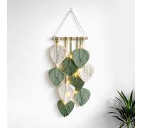 IHONYI Décoration murale en macramé - Décoration murale bohème - Guirlande avec LED 3M + peigne - Combinée avec des perles en bois et des feuilles vertes - Idéale pour chambre à coucher, salon