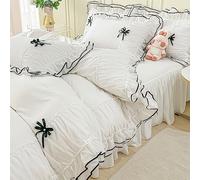 IHOUSTRIY Parure de lit 3 pièces avec Housse de Couette à Volants avec nœud Papillon, Housse de Couette 3 pièces avec Fermeture éclair, Parure de lit pour Fille avec taie d'oreiller, Blanc, lit