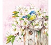 IHR Ideal Home Range Lot de 20 serviettes de fête jetables en papier 3 plis, 12,7 x 12,7 cm, motif maison d'oiseau en fleur de cerisier (rose)