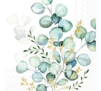 IHR Ideal Home Range Lot de 20 serviettes de fête jetables en papier triple épaisseur, 16,5 x 16,5 cm, bouquet d'eucalyptus doré
