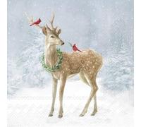 IHR Serviette Deer in Snow 33x33cm 20 pièces papier imprimé recto verso blanc motif d'hiver quart motif serviettage découpage