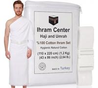 Ihram Homme Omra et Hajj avec Ceinture Élastique, Ensemble Ihram 2 Pièces en Coton 100%, Respirant Lavable Séchage Rapide, Tissu sans Couture avec Ceinture Réglable 110 x 220 cm