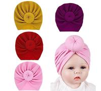 ihreesy 4PCS Turbans pour Bébé, Mignon Nouveau-né Bébé Chapeau Unisexe Chapeau Doux Turban Chapeau Bonnet Bonnet pour Les Tout-Petits Les Nourrissons Les Petits Enfants,Rouge + Jaune + Violet + Rose