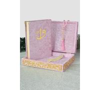 ihvan online Boîte décorative élégante recouverte de velours - Livre du Coran recouvert de velours en arabe et perles de prière - Décorations islamiques l'Aïd islamique du Ramadan - Rose