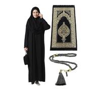 Ihvan Online Ensemble de prière pour femme musulmane avec robe à manches longues, tapis de prière et chapelet de perles, noir, XS/XXL