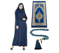 ihvan online Robes Musulmanes pour Femmes, Robe de prière Islamique Une pièce à Manches Longues, Tapis de prière et Perles, Ensemble Islamique, Bleu Marine, 3XL-6XL