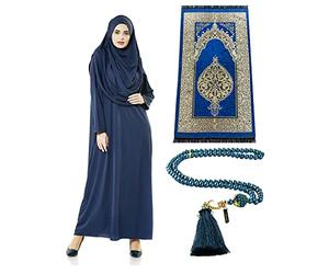 ihvan Online Robes Musulmanes pour Femmes, Robe de prière Islamique Une pièce à Manches Longues, Tapis de prière et Perles, Ensemble Islamique, Bleu Marine, 3XL-6XL