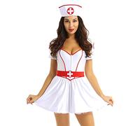 iiniim 3pcs Femme Adulte Ensemble Uniforme Infirmière Robe À Manches Courtes Boutons + Ceinture + Chapeau D'infirmière Halloween Cosplay S-3XL Blanc A M
