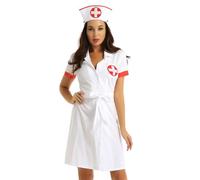 iiniim 3pcs Femme Adulte Ensemble Uniforme Infirmière Robe À Manches Courtes Boutons + Ceinture + Chapeau D'infirmière Halloween Cosplay S-3XL Blanc L