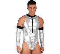 iiniim Argenté Body Métallisé Brillant Homme Sexy Combinaison en Similicuir Bodysuit sans Manches avec Gants Costume Carnaval Spectacle Clubwear L-XXL Argenté A XL