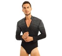 iiniim Body Chemise De Danse Manche Longue Col V Homme Justaucorps Danse Latine Tango Rumba Strass Shirt Leotard Dance Ballroom Bodysuit Soirée Bal Fête M-XXL Noir L