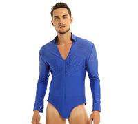 iiniim Body Chemise De Danse Manche Longue Col V Homme Justaucorps Danse Latine Tango Rumba Strass Shirt Leotard Dance Ballroom Bodysuit Soirée Bal Fête M-XXL Royal Bleu L