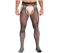 iiniim Collant en Résille Homme Collant Ouvert Entrejambe Transparent Pantyhose Stocking Sissy Lingerie Underwear Noir Taille Unique