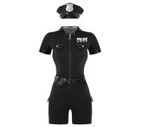 iiniim Déguisement Policière Femme Bodysuit Uniforme Police Cosplay Halloween Carnaval Combinaison Et Casquette De Police S-4XL Noir L