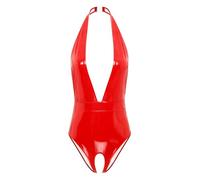iiniim Femme BodyString Seins Ouvert Catsuit Cuir Verni Bodysuit Wetlook Combinaison Sans Manche Jumpsuit Lingerie Nightwear S-4XL Rouge A S