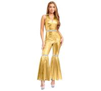 iiniim Femme Combinaison De Danse Disco Sans Manche Metallique Body Pantalon Patte D'éléphant Costume Rave Or L