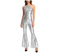 iiniim Femme Combinaison De Danse Disco Sans Manche Metallique Body Pantalon Patte D'éléphant Costume Carnaval Halloween Argenté A XXL