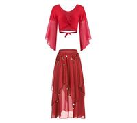 iiniim Femme Ensemble Danse du Ventre Orientale Paillette Brillant Costume Belly Dance Haut Et Jupe Tenue Performance Dancewear Rouge Taille Unique