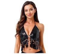 iiniim Femme Haut De Danse du Ventre Latine Jazz Sexy Brassière à Franges Paillettes Brillante Costume De Danse Orientale Rumba Salsa Soirée Bal Noir A Taille Unique