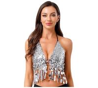 iiniim Femme Haut De Danse du Ventre Latine Jazz Sexy Brassière à Franges Paillettes Brillante Costume De Danse Orientale Rumba Salsa Soirée Bal Blanc A Taille Unique