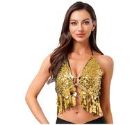 iiniim Femme Haut De Danse du Ventre Latine Jazz Sexy Brassière à Franges Paillettes Brillante Costume De Danse Orientale Rumba Salsa Soirée Bal Or A Taille Unique