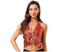iiniim Femme Haut De Danse du Ventre Latine Jazz Sexy Brassière à Franges Paillettes Brillante Costume De Danse Orientale Rumba Salsa Soirée Bal Rouge A Taille Unique
