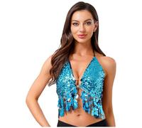 iiniim Femme Haut De Danse du Ventre Latine Jazz Sexy Brassière à Franges Paillettes Brillante Costume De Danse Orientale Rumba Salsa Soirée Bal Bleu Clair A Taille Unique