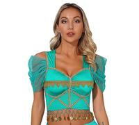 iiniim Femme Haut De Danse du Ventre Orientale À Paillettes Franges Tank Top À Manches Bouffantes Veste Indien Belly Danse Costume Spectacle Sarcelle M