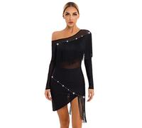 iiniim Femme Robe De Danse Classique À Franges Tenue De Danse Latine Tango Lyrique Contemporain Robe De Soirée Salon Bal S-XXL Noir XL
