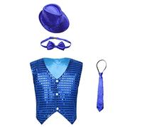 iiniim Gilet Paillette De Soirée Cocktail Carnaval Bébé Garçon Enfant Gilet De Danse Jazz Moderne Spectacle Gilet/Chapeau/Cravate/Nœud Papillon Bleu A 8-9 Ans