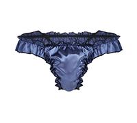 iiniim Homme String Sexy Slip Plisée Satin Dentelle Taille Basse Serré Bikini Culotte Lingerie de Nuit Erotique Thong Doux Lisse Coupe Haute et Style Ouvert Thong M-XXL Bleu Marin L
