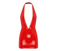 iiniim Mini Robe Courte Sexy Ouvert Femme Cuir Verni Halter Robe Dos Nu sans Manche Wetlook Robe De Soirée Cocktail Clubwear Rouge XXL
