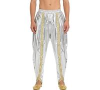 iiniim Pantalon Dhoti Métallique Brillant Homme Pantalon Sarouel Cosplay Indien Costume Carnaval Party M-3XL Blanc L