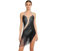 iiniim Robe De Danse À Franges sans Manche Femme Strass Halter Robe De Danse Charleston Brillant Dancewear Noir S