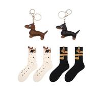 Iirlvior Lot de 6 teckels avec chaussettes et porte-clés - 2 chaussettes en coton pour chien et 2 pendentifs teckel en polyuréthane comme cadeau pour les amoureux des animaux pour Noël ou un