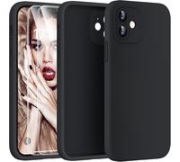 Ijhgv-3-En-1 Coque Pour Iphone 12 Kit, Avec 2 Verre Tremp? Protection ?Cran [Protection D'objectif Tout Compris] Coque En Silicone Liquide Pour Iphone 12 6.1"" Antichoc, Noir
