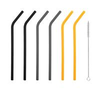 iJiGui 6 Pièces Pailles en Silicone Pailles à Boire Réutilisables Noir/Gris/Jaune, avec Brosse de Nettoyage, Paille pour Bubble Tea Juice et Soda (Coude)