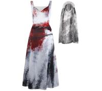 IKALI Costume de mariée zombie pour femme - Costume d'Halloween - Robe de cadavre fantôme - Costume de mariée sanglante - Taille M