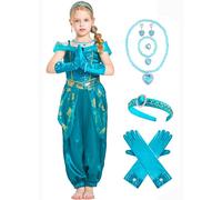 IKALI Enfants Costume de Jasmine Filles Costume de Princesse pour Halloween Noël Journée mondiale du livre Fête de Carnaval avec Bandeau Gant Collier 7-8 ans