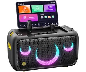 Ikarao Machine de karaoké pour adultes avec écran paroles 13,3 pouces, système PA tout-en-un, 2 microphones sans fil, enceinte Bluetooth 460 W pour fêtes, connexion HDMI TV (Break X1)