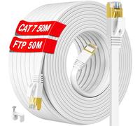 ikbc Cable Ethernet 50m, Cat 7 Cable RJ45 50m Câble Réseau Blindé, Plat Câble Internet Haut Débit 10Gbps 600MHz S/FTP, Long Blanc LAN Extérieur Intérieur Imperméable Pour Routeur Modem PC (50 Clips)