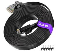 ikbc Cable Ethernet 5m Cat 6, Cable RJ45 Plat 5m Câble Internet Noir | Câble Réseau Haut Débit 1000 Mbps, Cuivre Pur, Ultra Plat sous Moquette, pour Gaming PS5, avec 5 Clips