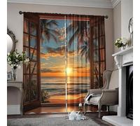 IKDZCM Lot de 2 Rideaux imprimés en 3D, Vue sur la Plage et Le Coucher du Soleil, Protection de l'intimité, décoration de fête familiale, à Utiliser pour Le Carnaval WxH/2x80x140cm